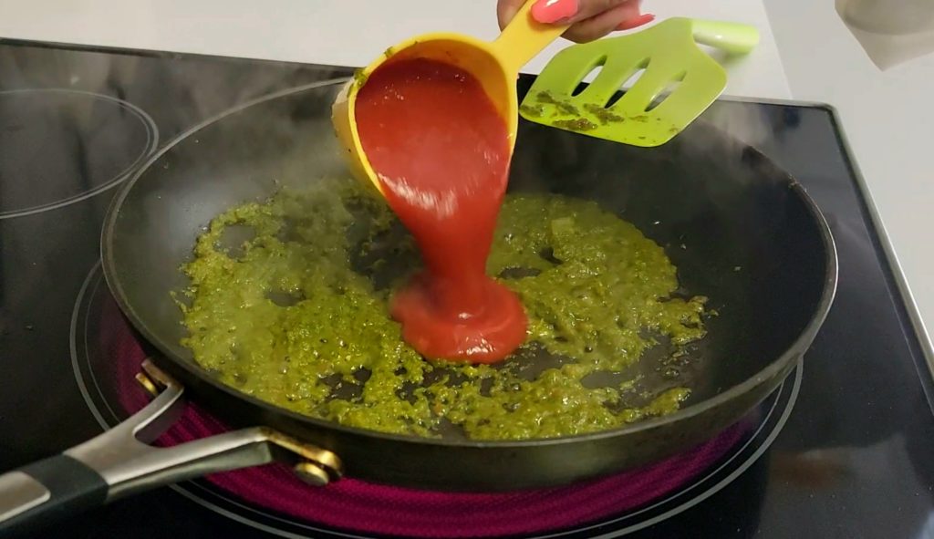 To make puerto rican style picadillo, begin by cooking sofrito with tomato sauce. Then add your meat. 