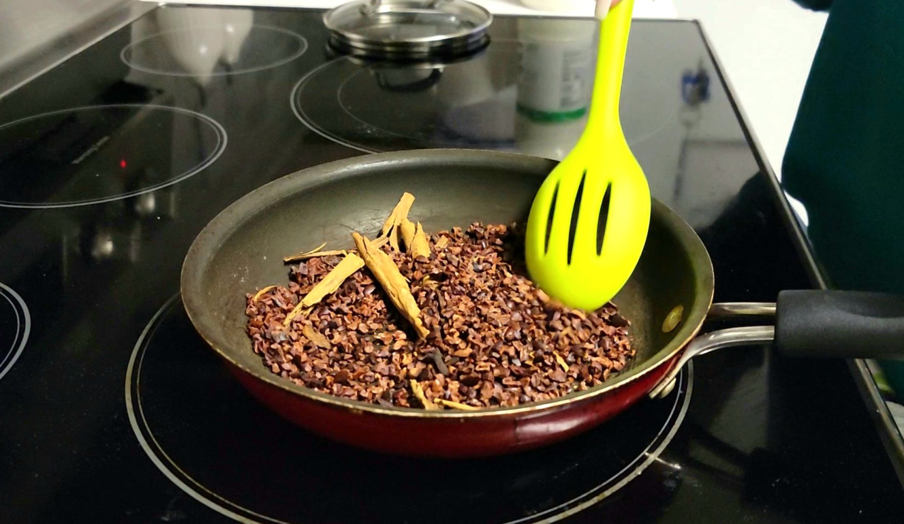 For Nicaraguan Pinolillo, roast the cacao beans along with the spices.