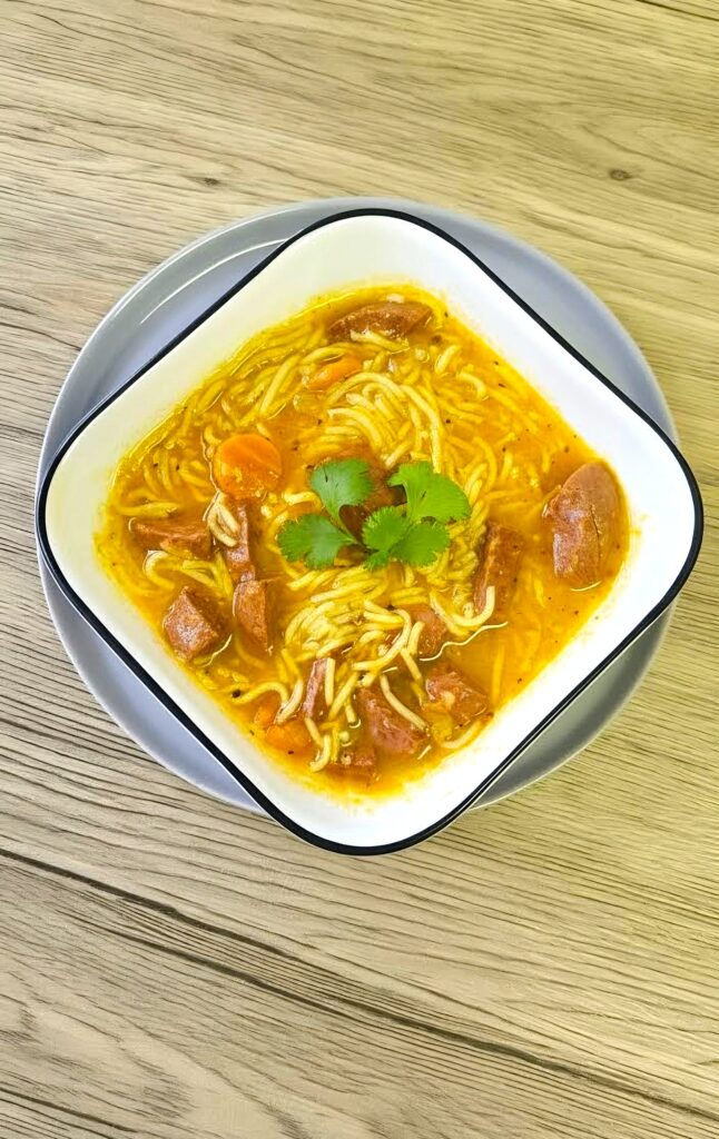 puerto rican sopa de salchichon con fideos, garnished with fresh cilantro